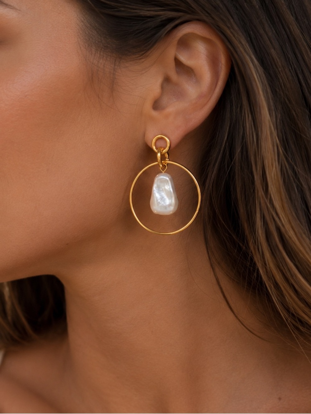 18K Gold Plated Faux Baroque Pearl Hoop Drop Earrings